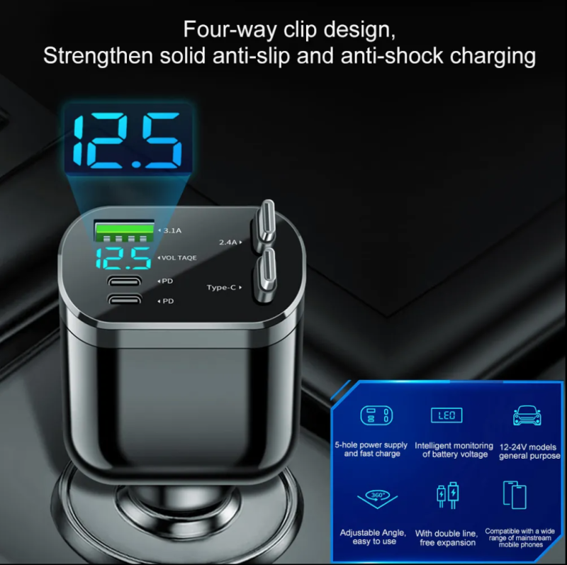 5 in 1 Super Fast Charging Dual Pull Out Retractable Car Charger 12 24V Output TYPE C Car Adapters with QC 3.0 Function - Image 5